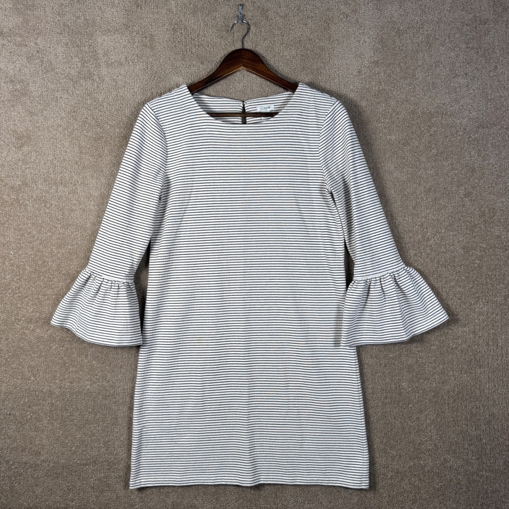 J.Crew Shift Dress Womens Small White Black Striped Bell Sleeve Textured Knit